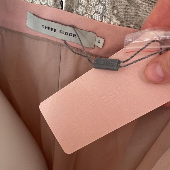 Three Floor Mauve, Pink, & Black Lace Halter Midi Dress with Skirt Pleating - Picture 8 of 11